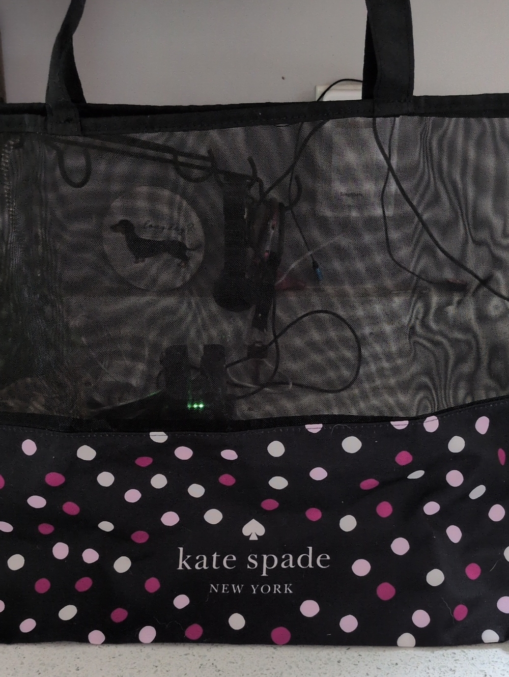 KATE SPADE Black Tote with Pink & White Polka Dots New Very Nice